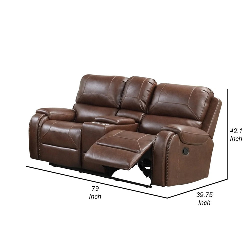 Teli Manual Recliner Loveseat with Console & USB Port | Dark Brown Faux Leather BM339359