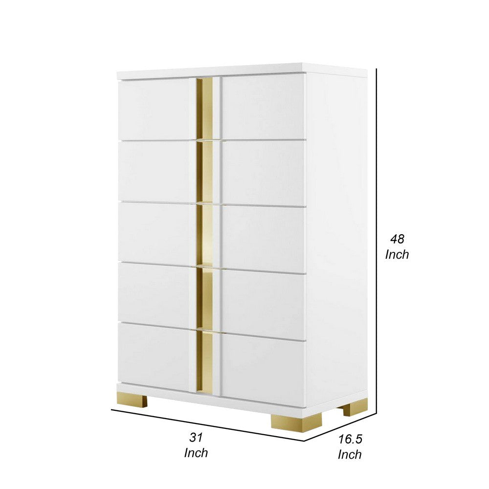 Yoki Tall Dresser Chest | 5 Drawers | Modern Glam White & Gold BM339414