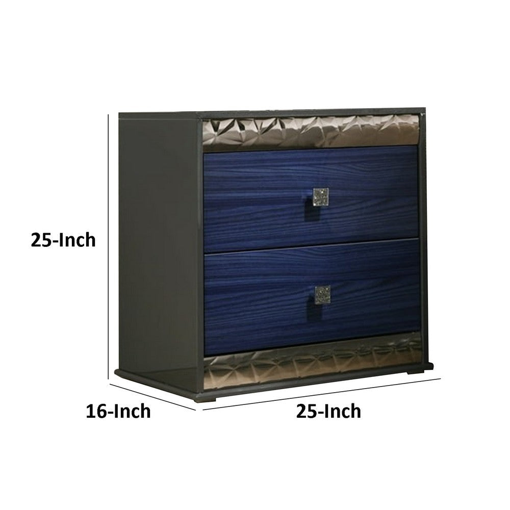 Zara Nightstand w 2 Drawers | Crystal Knobs | Ash Gray | Indigo Blue Wood BM339419