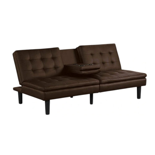 Berie Futon Sofa Bed | Drop-Down Tray & Cupholder | Brown Faux Leather
