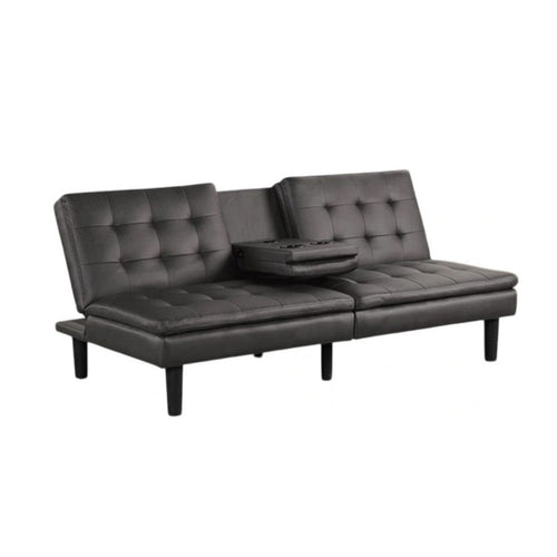 Berie Futon Sofa Bed | Drop-Down Tray & Cupholder | Gray Faux Leather