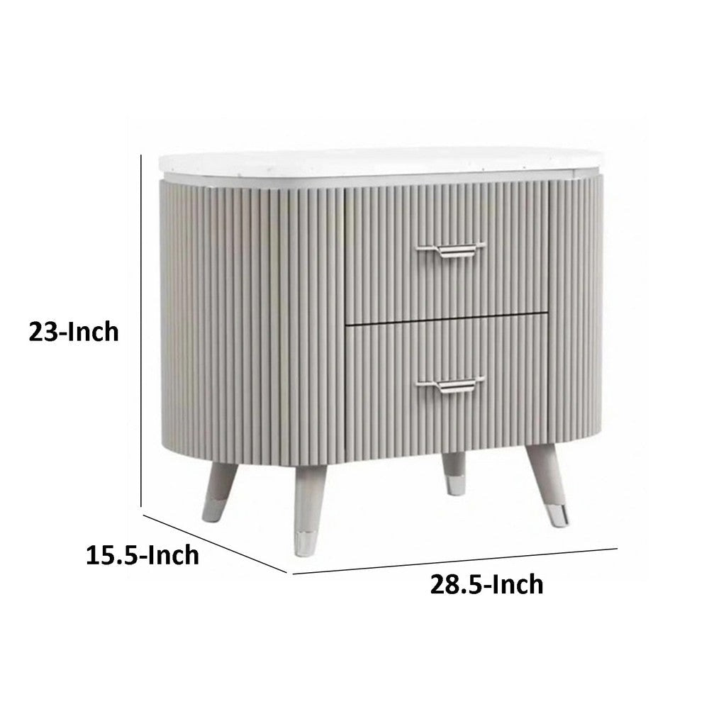 Gema Nightstand | 2 Drawers | Cultured Stone Top | Gray Wood | Silver Trim BM339483