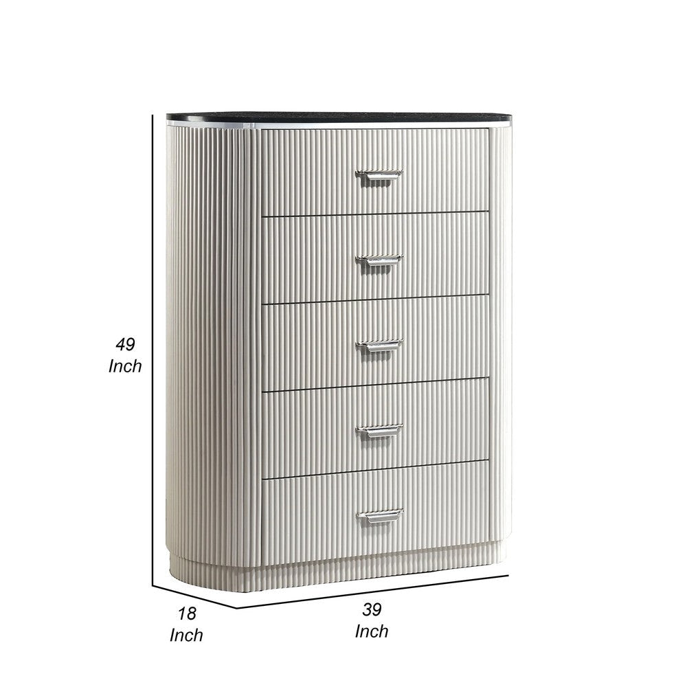 Alda Tall Dresser Chest | 5 Drawers | Black Stone Top | Gray Wood | Silver BM339484