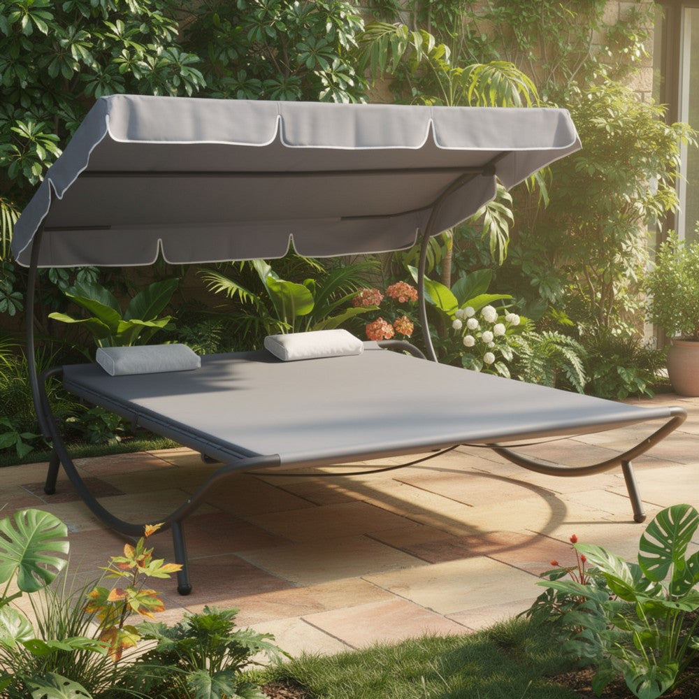 Mei Outdoor Daybed w Adjustable Canopy & 2 Pillows | Gray Oxford Fabric