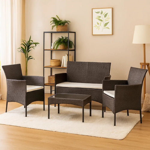 4pc Outdoor Sofa & Table Set in Black Rattan | Glass Top | Cream Cushions