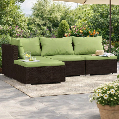 Sify 4pc Outdoor Lounge Sofa Set | 4 Pillows | Green Cushions | Brown Rattan