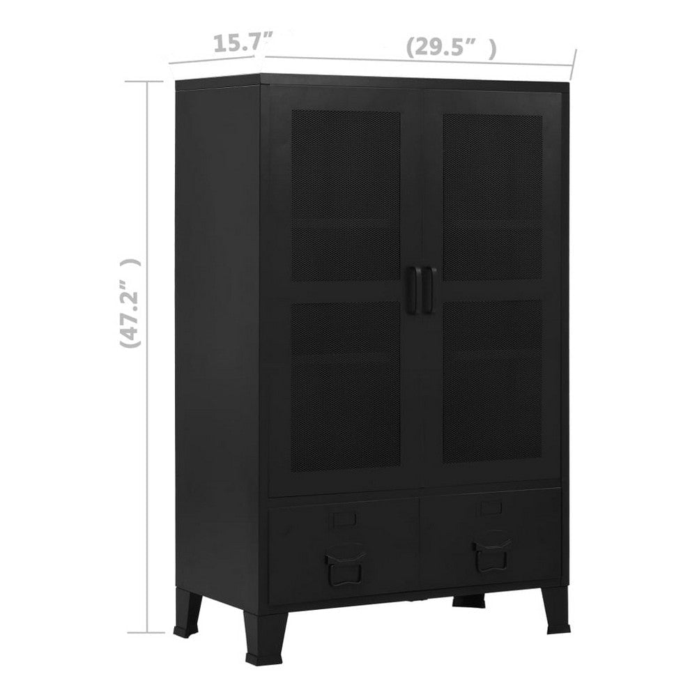 Miry Tall Office Cabinet | 2 Drawers w 2 Mesh Front Doors | Black Steel BM339701