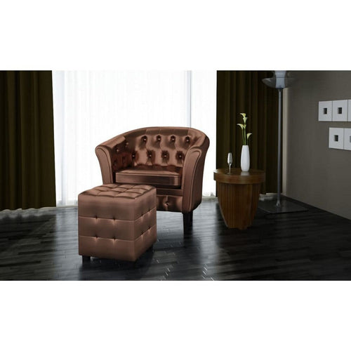 Deina 2pc Armchair & Footstool Set | Brown Faux Leather | Black Wood