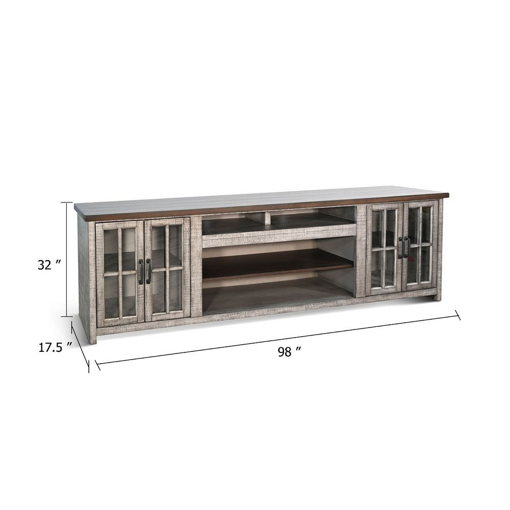 Zeka TV Media Console | 98’’ w 2 Glass Cabinets | Gray Mahogany Wood