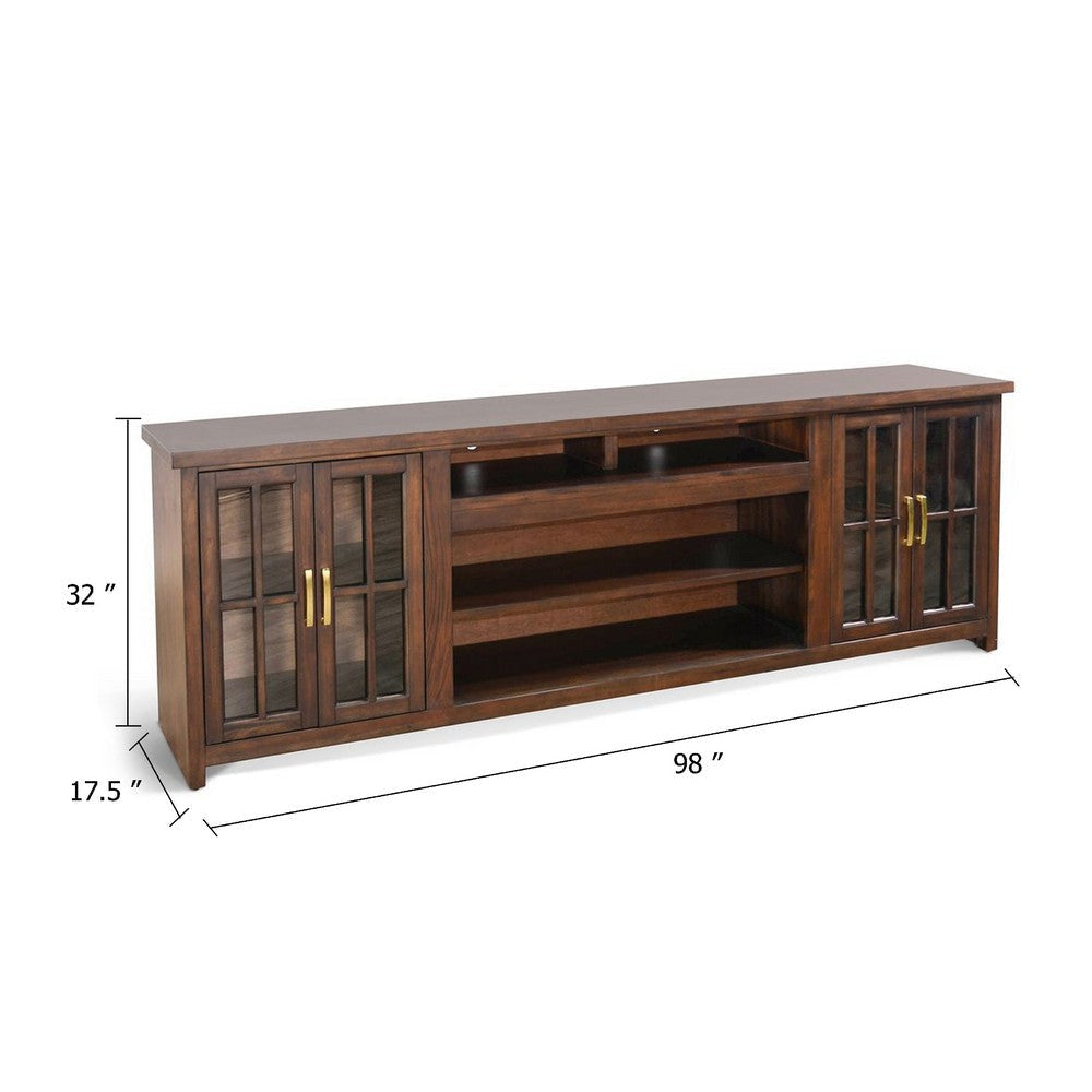 Zeka TV Media Console | 98’’ w 2 Glass Cabinets | Dark Brown Mahogany Wood