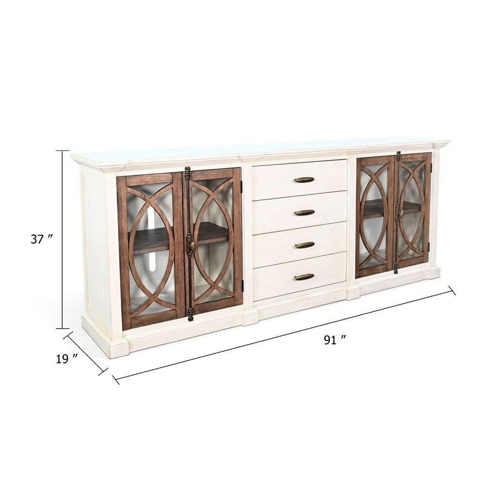 Camie TV Media Console | 4 Glass Cabinet Doors | White Solid Wood 91’’ BM339829