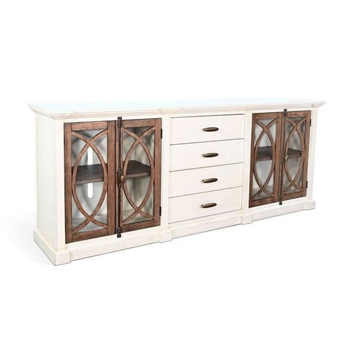 Camie TV Media Console | 4 Glass Cabinet Doors | White Solid Wood 91"
