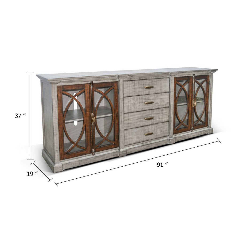 Camie TV Media Console | 4 Glass Cabinet Doors | Gray Solid Wood 91’’ BM339830