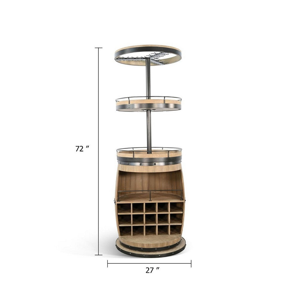Greta Barrel Bar Unit w Swivel Base | Wine Cubbies | Natural Mindi Wood BM339834