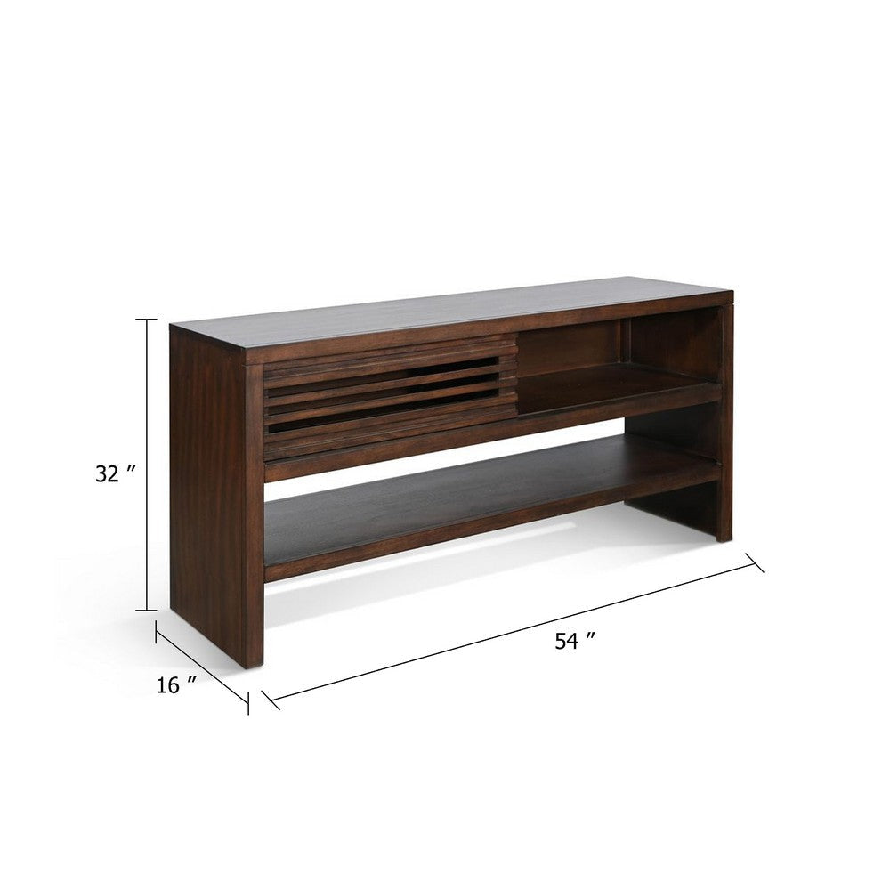Vani Sofa Table | Sliding Door | 54’’ Brown Wood Slatted Design BM339856