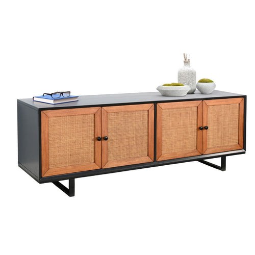 Addy Sideboard Accent Cabinet | 4 Natural Woven Cane Doors | Black Mahogany