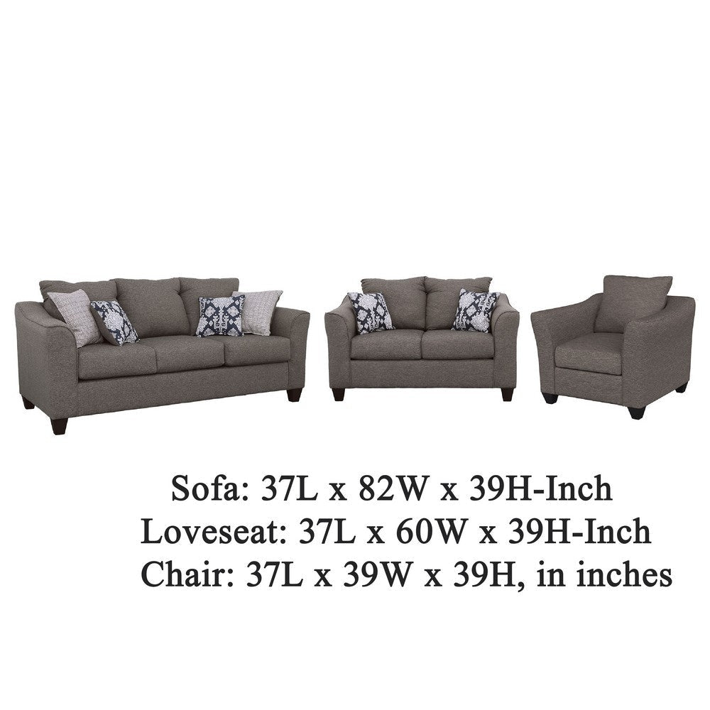 Siya 3pc Living Room Sofa Loveseat & Chair Set | 6 Accent Pillows | Dark Gray BM339937