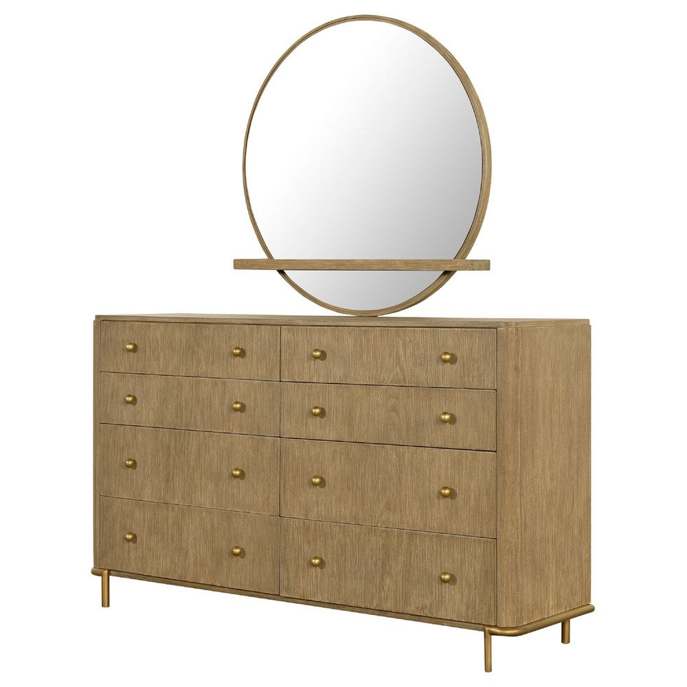 Fij Wide Dresser with Mirror | 8 Drawers Sand Wash Brown | Brass Knobs