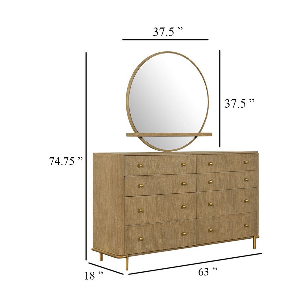 Fij Wide Dresser with Mirror | 8 Drawers Sand Wash Brown | Brass Knobs BM339942