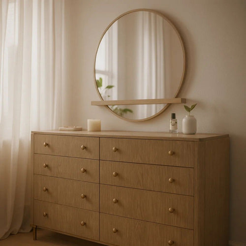 Fij Wide Dresser with Mirror | 8 Drawers Sand Wash Brown | Brass Knobs