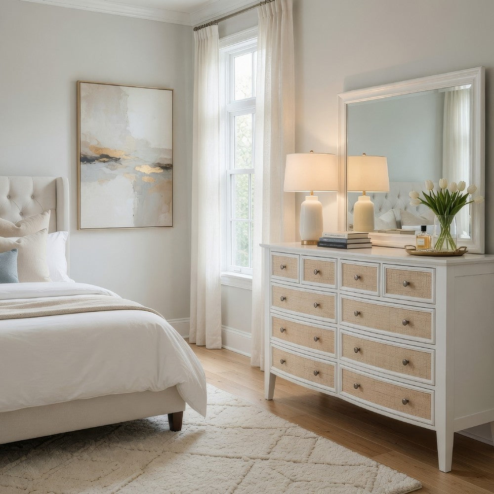 Heo Wide Dresser with Mirror | 10 Drawers | White | Brown Wood Frame