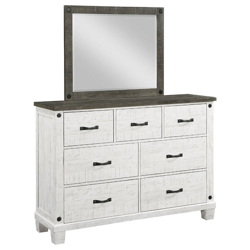 Meki Wide Dresser with Mirror | 7 Drawers | Distressed White Wood