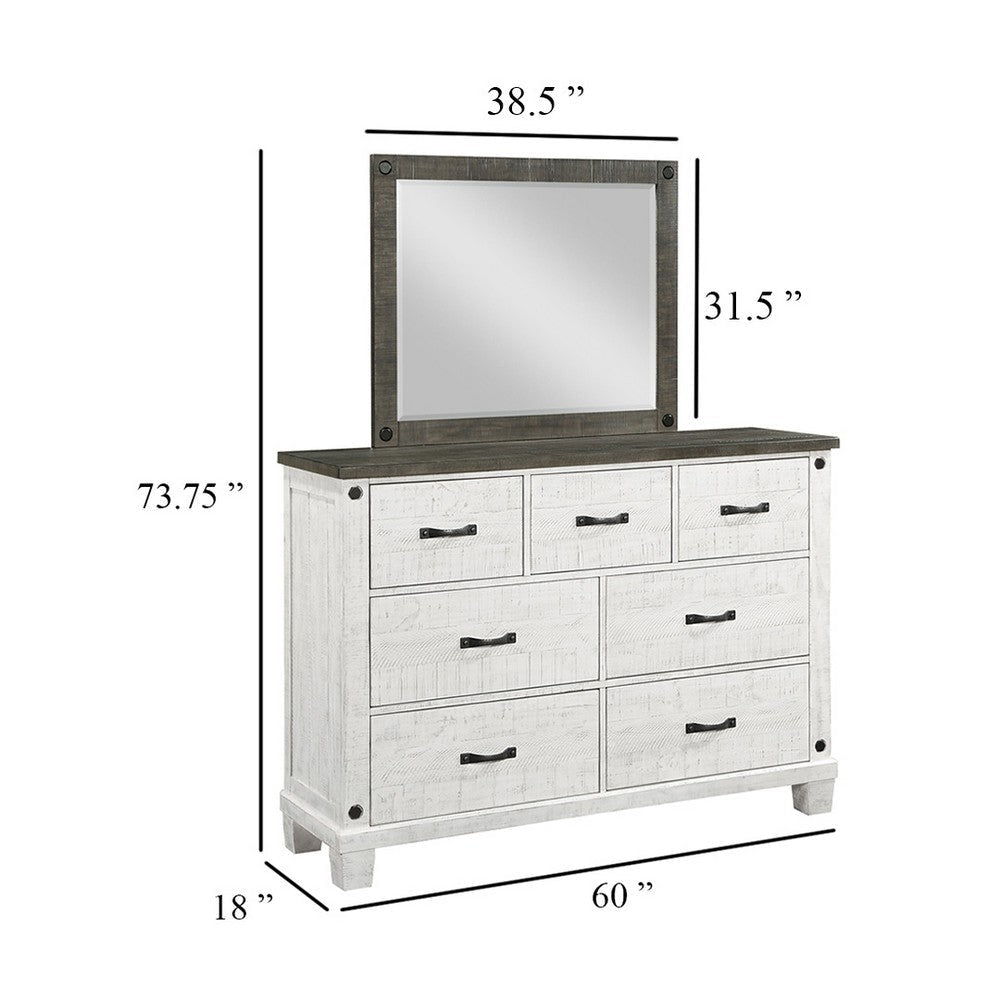 Meki Wide Dresser with Mirror | 7 Drawers | Distressed White Wood BM339950