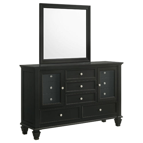 Lila Wide Dresser with Mirror | 11 Drawers | Black Wood | Turned Legs