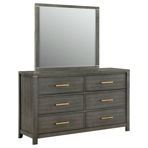 Ren Wide Dresser with Mirror | 6 Drawers | Gray Wood | Metal Handles