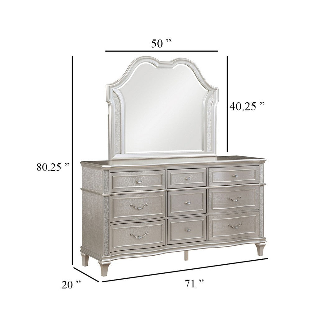 Nive Wide Dresser with Mirror 9 Drawers Pearl Knobs Silver Oak BM339968