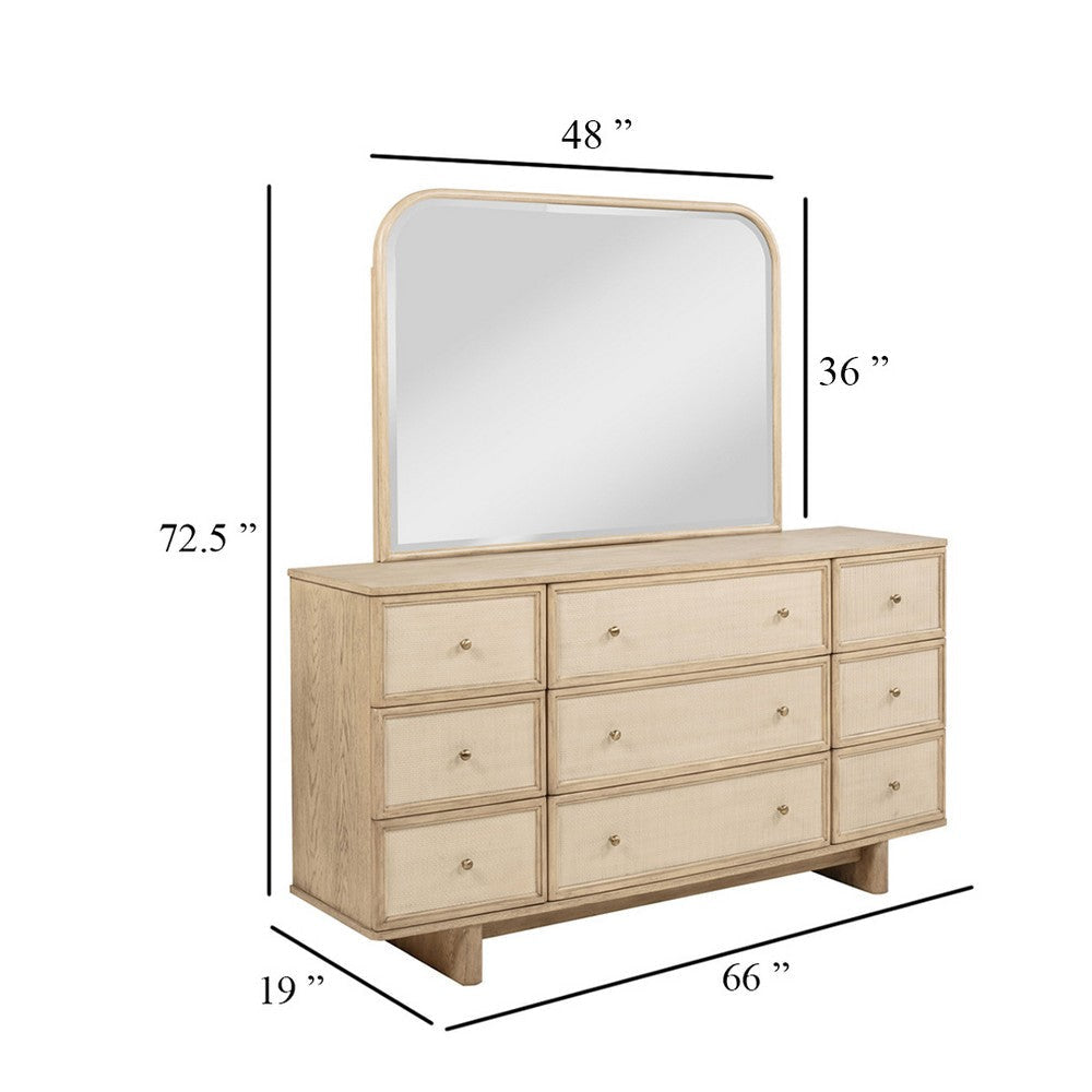Lno Wide Dresser with Mirror 9 Drawers Beige Oak Wood Frame BM339970