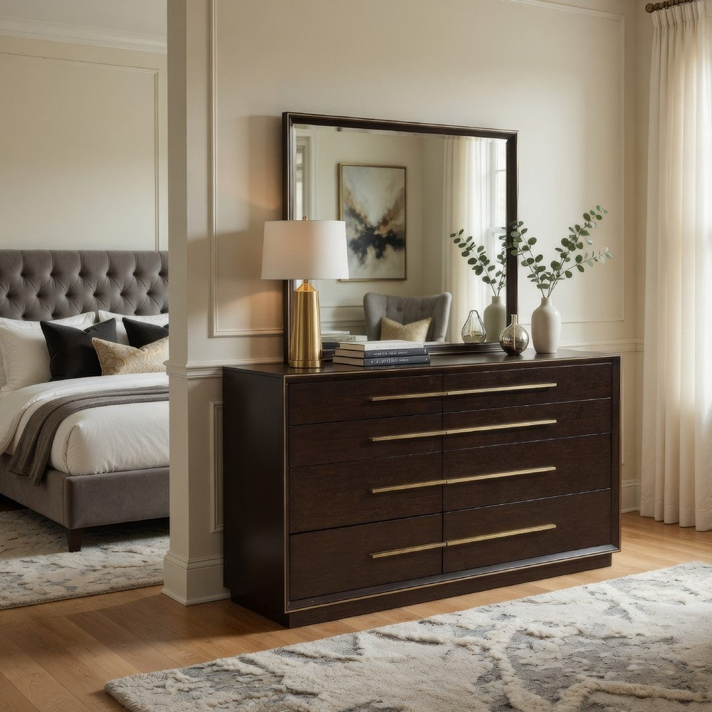 Lyni Wide Dresser with Mirror, 8 Drawers, Metal Handles, Brown Wood