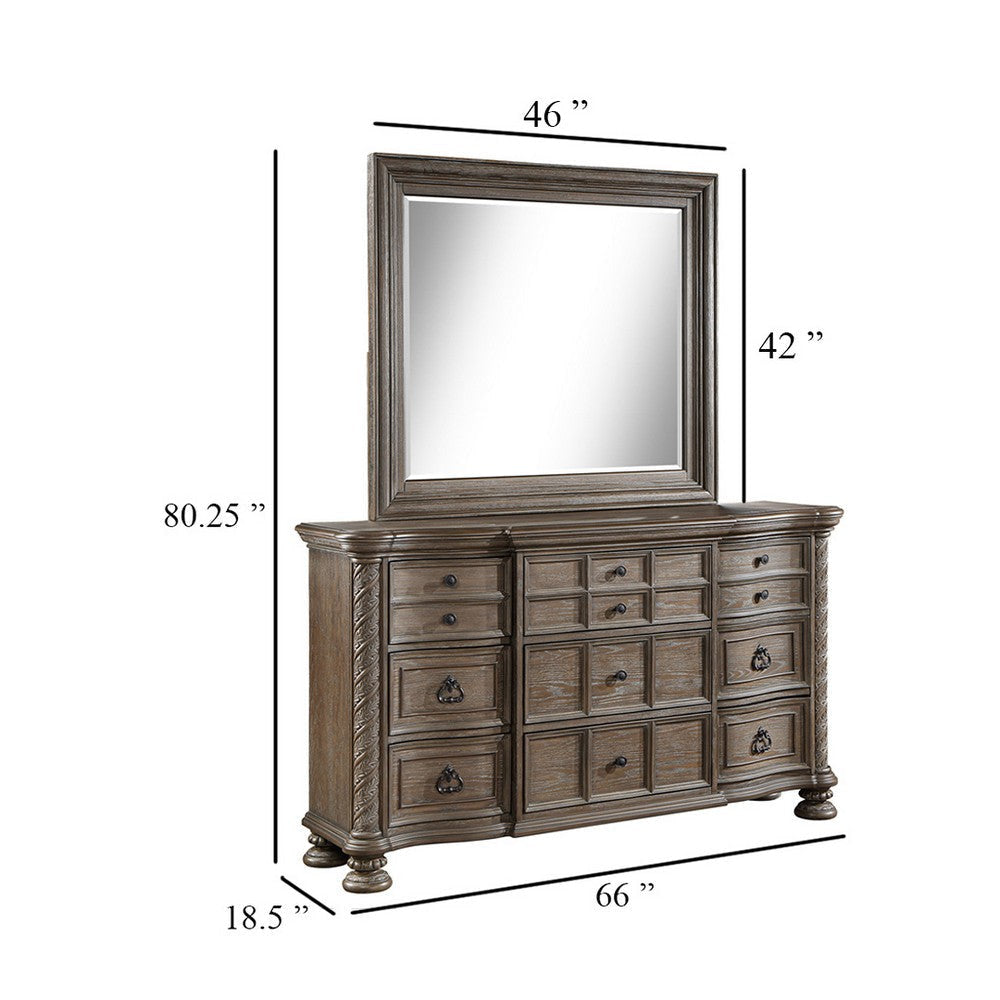 Emmy Wide Dresser with Mirror 9 Drawers Walnut Brown Wood Frame BM339975