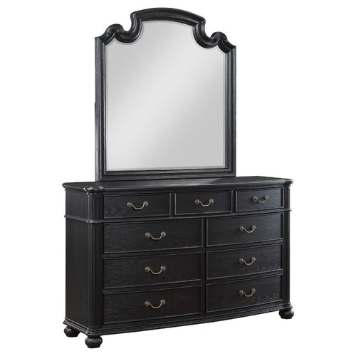 Selena Wide Dresser with Mirror, 9 Drawers, Metal Handles, Black Wood