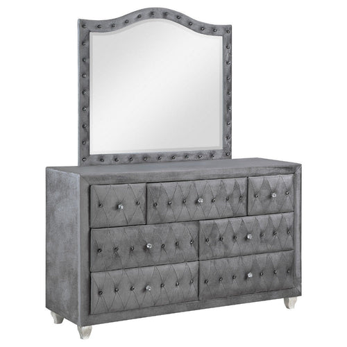 Leine Wide Dresser with Mirror and 7 Drawers | Gray Tufted Velvet
