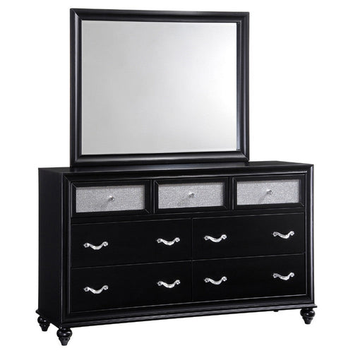 Dini Wide Dresser with Mirror | 7 Glitter Accent Drawers | Black Wood