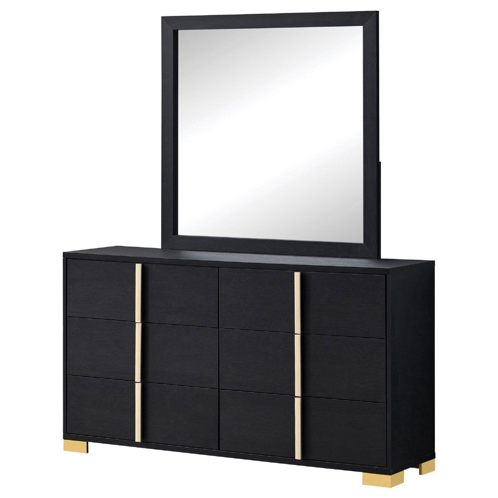Dex Wide 6 Drawer Dresser and Mirror | Contemporary Gold Metal | Black