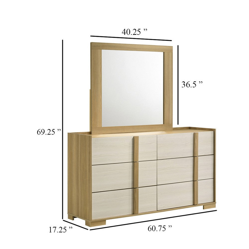 Hyle Wide Dresser with Mirror and 6 Drawers | Retro Brown and White BM340002