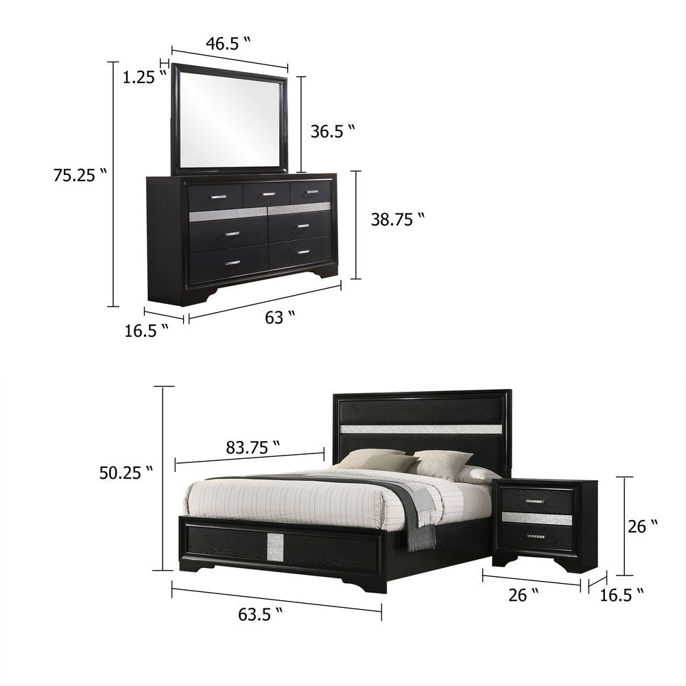 Vino Black 4pc Queen Size Bed Set w Dressers | Mirror | Glitter Accent BM340039