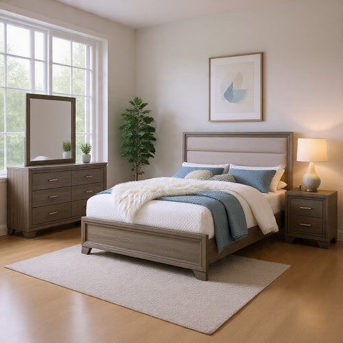 Reay 4 Piece Queen Bedroom Set with Dressers | Upholstered Gray Brown