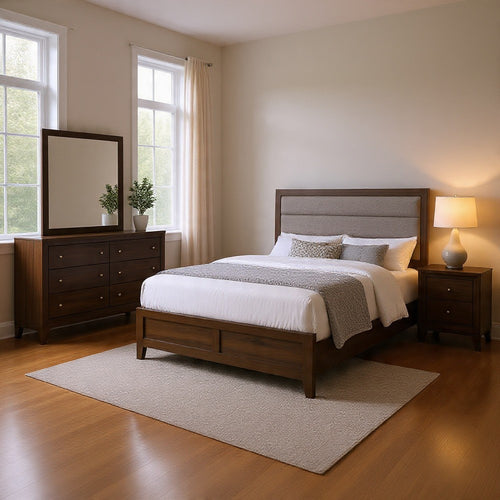 Yels 4 Piece Queen Bedroom Set | Gray Upholstery | Walnut Brown Wood