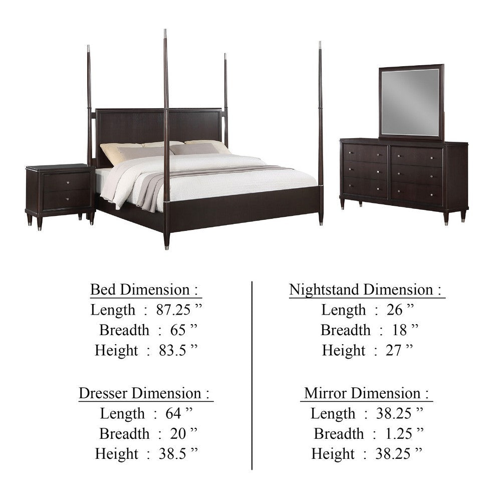 Amber 4pc Poster Queen Bed Set | Modern Dark Brown | Dresser Mirror