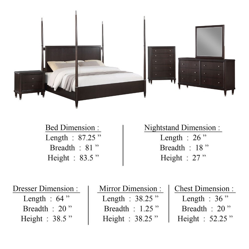 Amber 5pc Poster King Bed Set | Modern Dark Brown Wood | Dresser Chest
