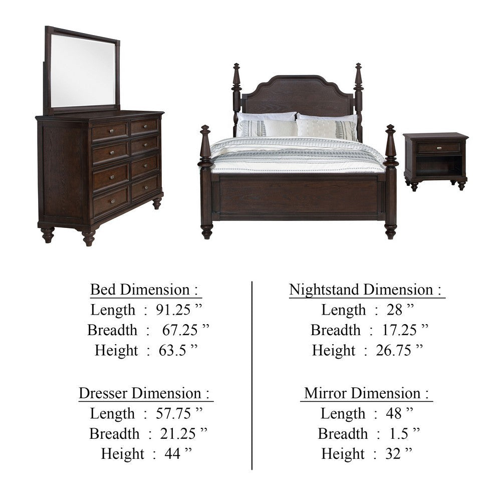 Meon 4pc Poster Queen Bed Set | Vintage Dark Oak Brown | Dresser Mirror BM340105