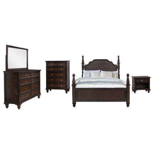Meon 5pc Poster Queen Bed Set | Vintage Dark Oak Brown | Dresser Chest