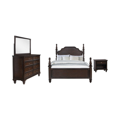 Meon 4pc Poster King Bed Set | Vintage Dark Oak Brown | Dresser Mirror