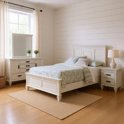 Eli 4 Piece King Size Bedroom Set | Rustic White Wood | Dresser Mirror