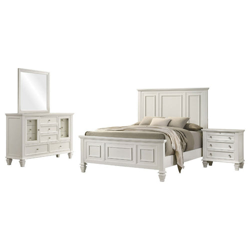 Lila 4 Piece Queen Bed Set | White Wood Panel Headboard | Vanity Dresser