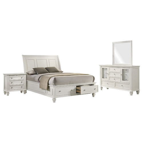 Lila 4pc King Bed Set with Storage Footboard | White Panel | Vanity Dresser