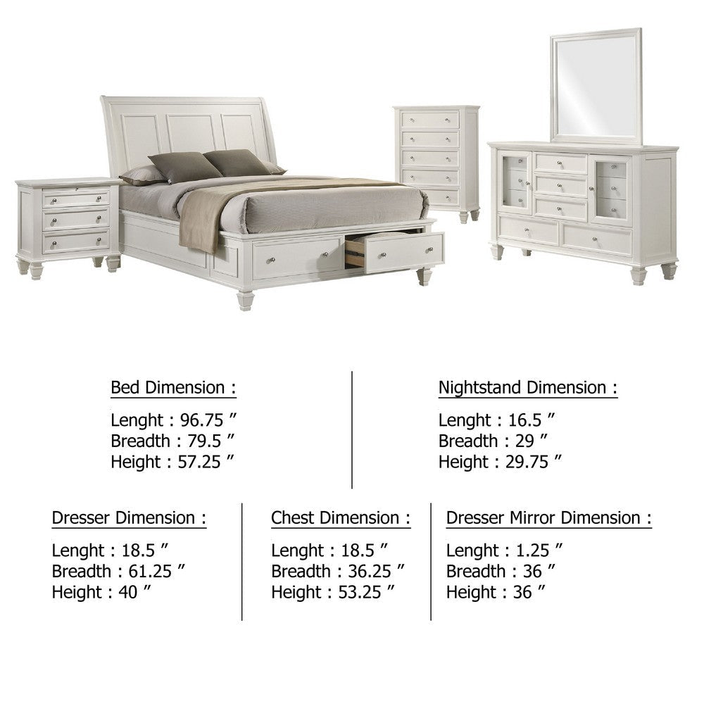 Lila 5pc King Bed Set with Storage Footboard | White | Vanity Dresser & Chest BM340136